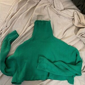 Mimosa Green Ribbed Cropped Turtleneck Sweater